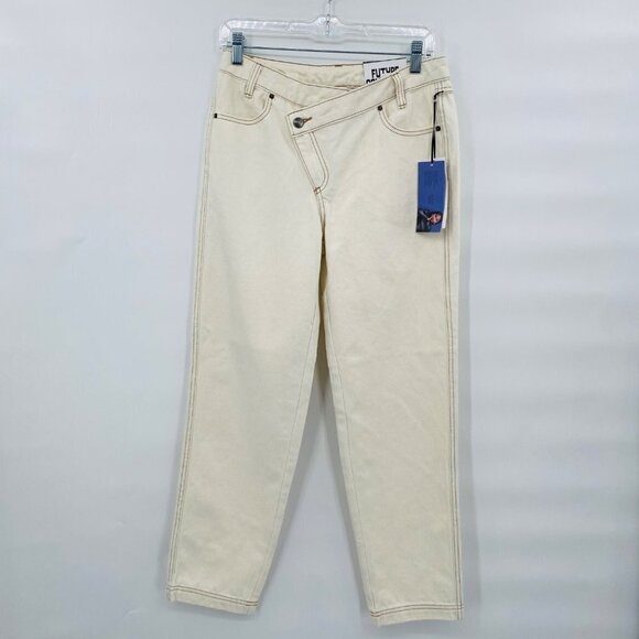 Future Collective Kahlana Brown High Rise Overlap Waist Straight Leg Jeans 0 - Picture 2 of 8